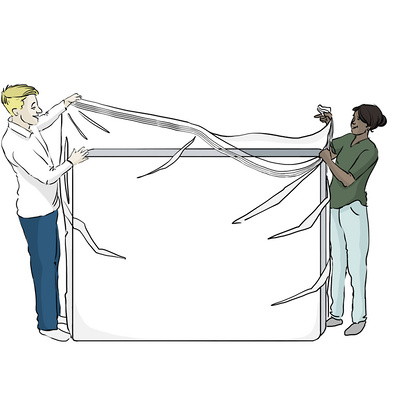 Product instructions illustration depicting two people efficiently putting a mattress cover over their mattress for moving, ensuring protection and ease during relocation. Ideal for moving and storage solutions.