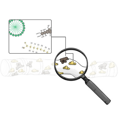 Scientific illustration depicting the micro-performance of WIN laundry detergent, illustrating its effectiveness in combating dirt and stains on athletic gear, ideal for product marketing and educational purposes.