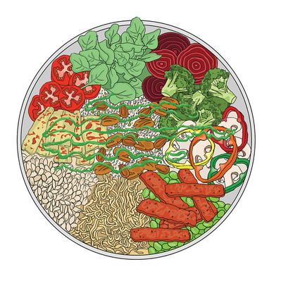 Realistic food illustration of a Buddha bowl featuring ramen noodles, fresh veggies, and grains, designed for food and beverage purposes, perfect for menus, cookbooks, and culinary marketing.