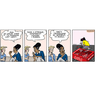 4-panel Globetrotter comic: Elsie proudly shares Chloe’s solo Thailand trip with her friend Ann, capturing Elsie’s humor and pride in Chloe’s adventurous spirit.