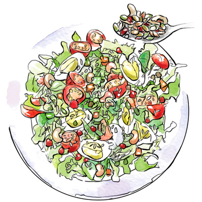 Watercolor and ink illustration of a vibrant salad with assorted toppings, crafted as a product and promotional illustration to showcase fresh ingredients and healthy eating options.