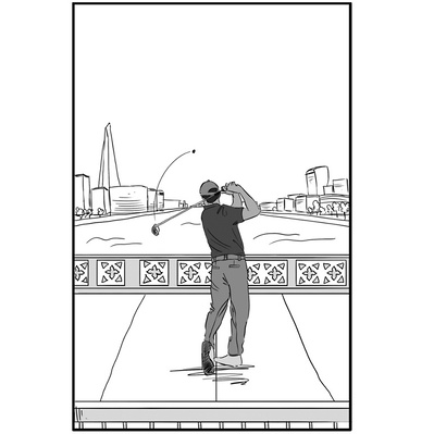 Explore Ainsley Ashby’s black and white storyboard illustration featuring a man in Ben Sherman clothing, skillfully hitting a golf ball off Tower Bridge in London, UK.