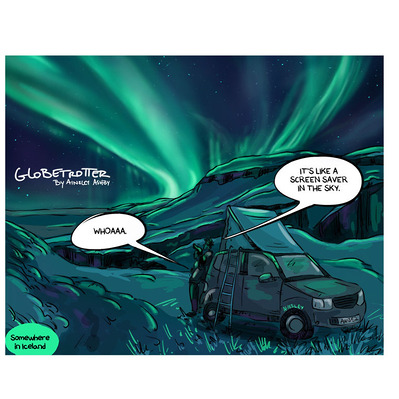 Sunday comic set in Iceland featuring a stunning display of the northern lights illuminating the night sky, capturing the magical beauty of this natural wonder.