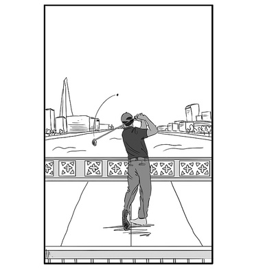 Engaging black and white ink and wash illustration created as a storyboard panel for Ben Sherman, depicting a golfer hitting a ball off Tower Bridge in London, blending sport and iconic scenery.