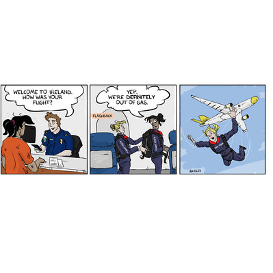 4-panel Globetrotter comic set in Irish customs: Chloe recalls her flight crew bailing mid-air when the plane ran out of fuel, sharing the wild memory with a customs officer.