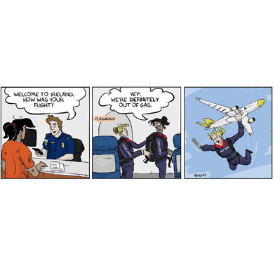 4-panel Globetrotter comic set in Irish customs: Chloe recalls her flight crew bailing mid-air when the plane ran out of fuel, sharing the wild memory with a customs officer.