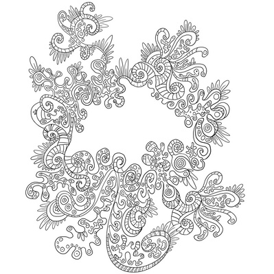 Black and white ink illustration of a creative mindfulness mandala, designed to inspire imagination, crafted for publishing in adult coloring books promoting relaxation and artistic exploration.