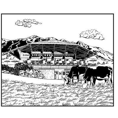Explore a striking black and white lino-cut illustration of a Switzerland chalet restaurant by Ainsley Ashby. Perfect for marketing and advertising, this artwork enhances branding and captures the venue's unique charm.