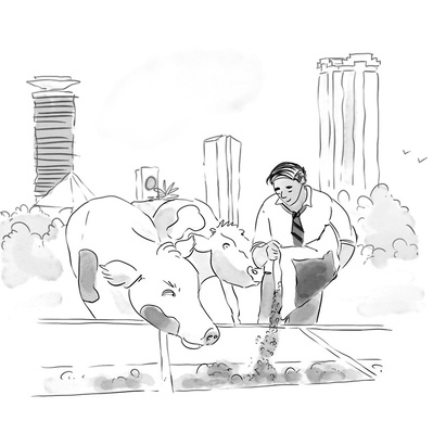 Black and white illustration depicting a businessman feeding cows in the foreground, with a detailed cityscape in the background, blending rural and urban elements in a unique, cartoon-style setting.
