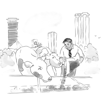 Black and white illustration depicting a businessman feeding cows in the foreground, with a detailed cityscape in the background, blending rural and urban elements in a unique, cartoon-style setting.