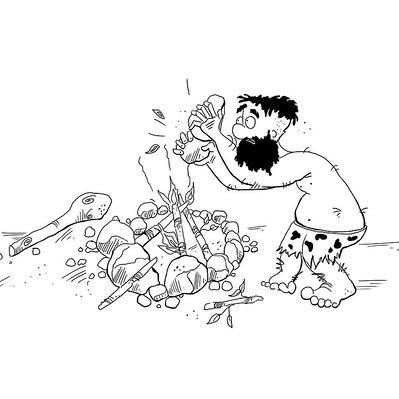 Whimsical black and white cartoon illustration of a caveman striking two rocks together to create fire, perfect for publishing and editorial use, capturing a humorous take on prehistoric life.