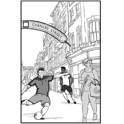 Discover Ainsley Ashby’s black and white storyboard illustration for Ben Sherman, capturing a vibrant scene on Carnaby Street, London, where a football player kicks a ball among bustling shoppers.