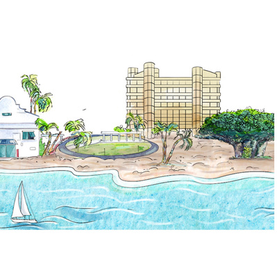 
Watercolor illustration of a vibrant Barbados landscape showcasing cruise boats, crystal-clear waters, and iconic buildings, adorned with the Barbados flag. Designed for branding purposes, highlighting the island's beauty and cultural richness.