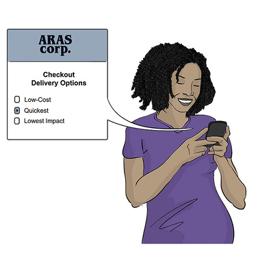 Full-color storyboard illustration for a tech company, depicting a Black woman using her phone to place a delivery order, showcasing innovative technology for modern convenience and user engagement.