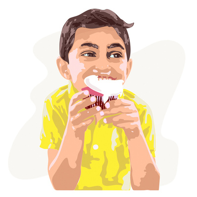 Colorful vector illustration of a child enjoying a cupcake, created in a layered style for a shopping center rebranding initiative, promoting a playful atmosphere and appealing to families and children.