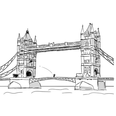 Discover Ainsley Ashby’s black and white sketch of Tower Bridge in London, UK. This illustration, created for a storyboard section for Ben Sherman, captures the iconic structure's architectural beauty.