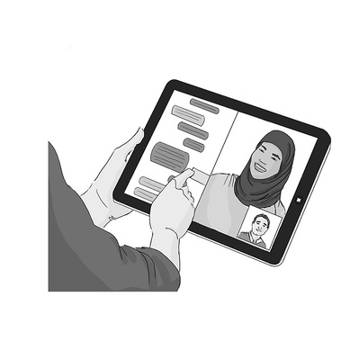 Corporate training illustrations in black and white for Liberty Mutual, depicting a person navigating their website using a tablet, created for a storyboard to enhance user experience and digital literacy.
