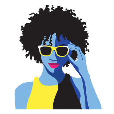 Vector illustration of a black woman with an afro and sunglasses, created in two tones of blue, designed for a shopping center rebranding initiative, promoting diversity and modern style.