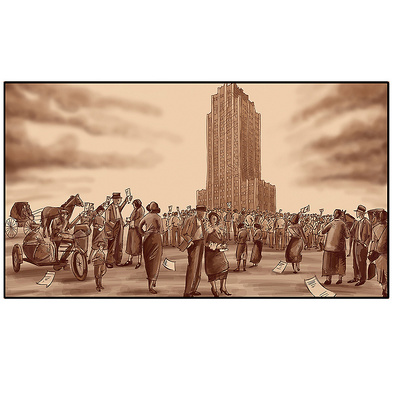 Explore Ainsley Ashby’s full-color sepia-tone illustration depicting the turn of the century, showcasing community members in vintage clothing against a striking backdrop. Created for the Toronto Star’s editorial purposes.