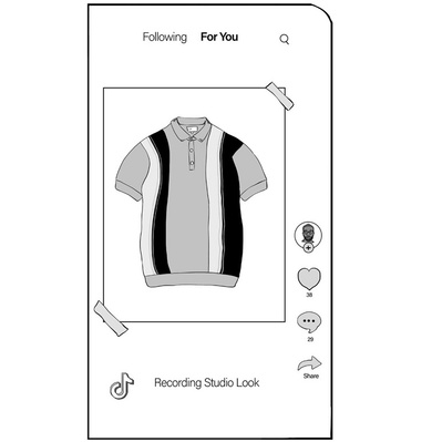 Black and white advertising storyboard illustrating a Ben Sherman TikTok ad concept. Features a smartphone screen displaying toggles and buttons, highlighting the new product line front and center.