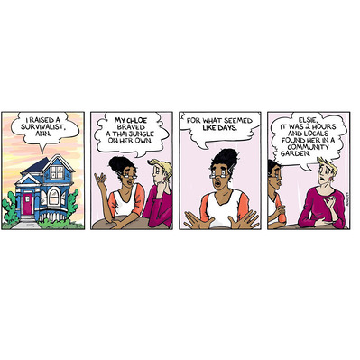 4-panel Globetrotter comic: Elsie proudly tells Ann about Chloe’s solo trek through a Thai jungle, playfully calling her a hero for facing the wild alone.
