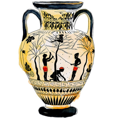 Watercolor illustration of an Egyptian vase depicting the historical processes of olive oil production. This artwork beautifully highlights ancient techniques, enriching cultural understanding and appreciation for traditional craftsmanship.