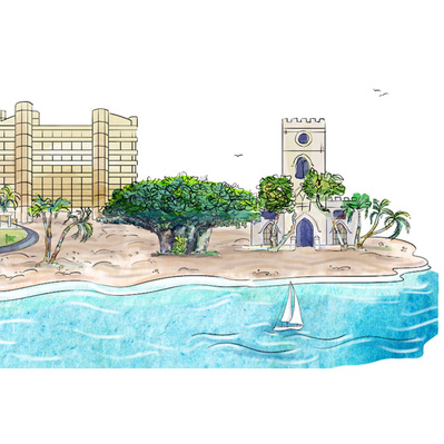 Watercolor illustration of a picturesque Barbados scene, featuring cruise boats on turquoise waters, notable landmarks, and the Barbados flag. Crafted for branding purposes, emphasizing the island's charm and cultural heritage.