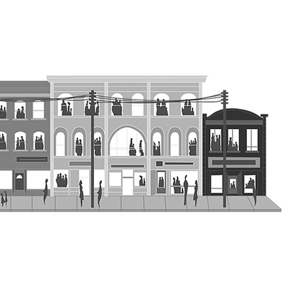 Black and white vector illustration of Yonge Street in the 1980s, highlighting distinctive buildings and bustling street activity, providing a visual journey through the historical and cultural essence of the era.