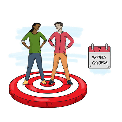 Explore Ainsley Ashby’s full-color illustration of two kids, a girl and a boy, confidently standing in warrior pose on a target, with a calendar floating beside them, symbolizing goals.