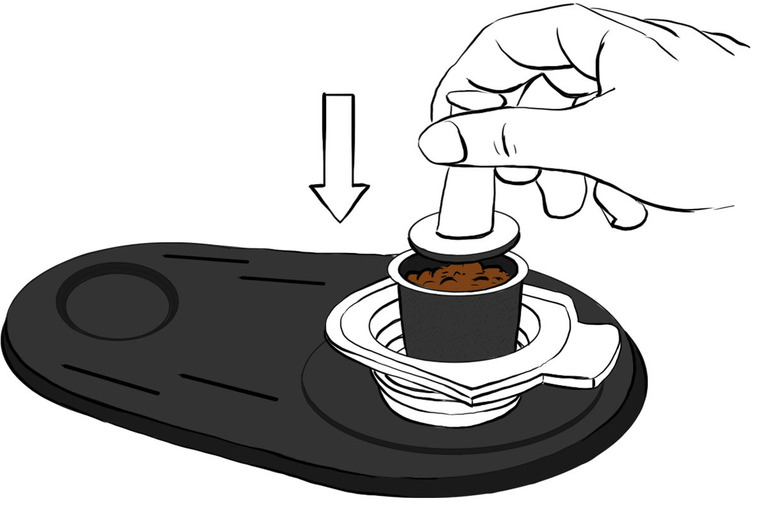 A step-by-step illustration of a coffee pod maker, combining line drawings and shading for clarity. A spot color highlights the coffee beans, contrasting with the sleek design. Perfect for showcasing the simplicity of this new technology.