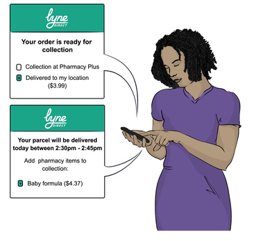 Illustration of a Woman Using Her Phone to Select Preferred Delivery Method and Add Items to Her Cart – Visual Depiction of Seamless Online Shopping Experience.