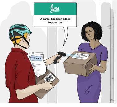 Illustration of a Man Delivering a Package to a Woman and Scanning It with a Device – Visual Depiction of Secure and Efficient Delivery Process.