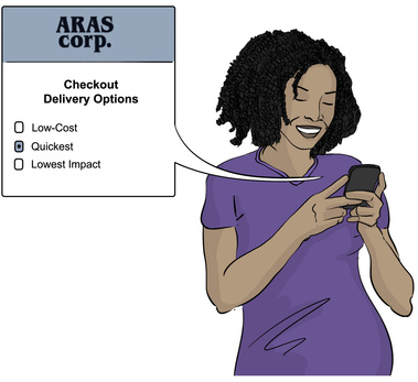 Illustration of a Woman Customer Selecting Parcel Delivery Method on Her Phone – Visual Representation of Online Shopping and Delivery Options.