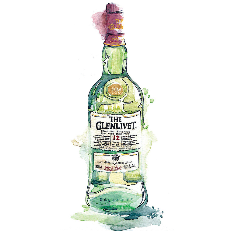 Watercolor and Ink Illustration of a Gin Bottle with Green Tones and Watercolor Bleeds – Elegant Artwork Featuring Gold Leaf Details for Beverage and Design Projects.