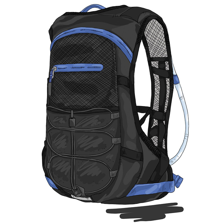 Illustration of a Hiking Backpack in 3/4 View Using Precision Line Art Style – Ideal for Detailed Product Visualization and Outdoor Gear Showcasing.