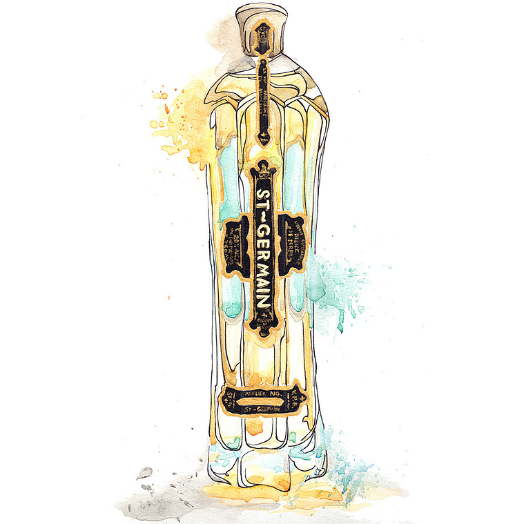 Watercolor and Ink Illustration of a French Drink Bottle Featuring Watercolor Bleeds and Gold Leaf Accents – Elegant Artistry for Beverage and Design Projects.