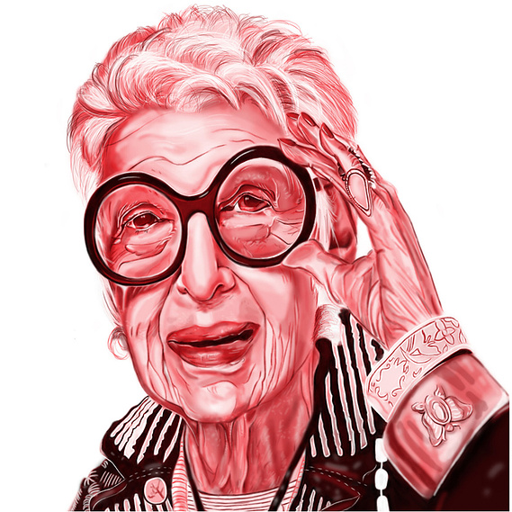 Monochromatic Illustration of Iris Apfel in Red – Bold Artistic Tribute Highlighting Fashion Icon and Style Influencer.