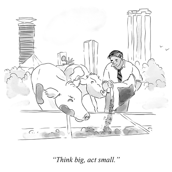Black and White Illustration in New Yorker Style Featuring a Businessman Feeding Two Cows – Dynamic Artwork for a Book Chapter Illustration.