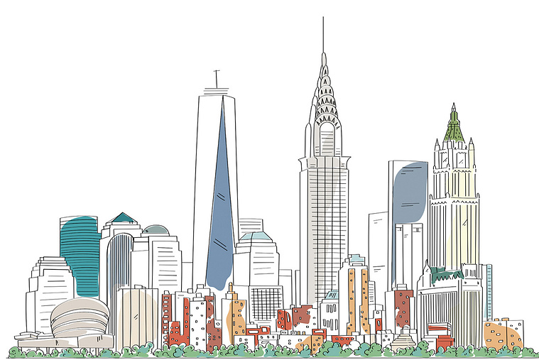 Vector Illustration of the New York City Skyline with Black Line Work and Loose Color Fill – Artistic Design Suggesting Color and Texture for Urban Landscapes.
