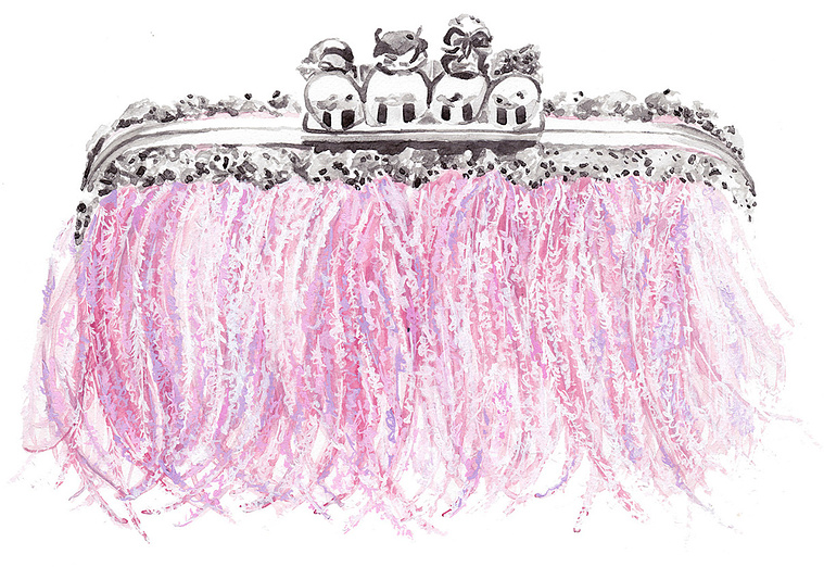 Watercolor Fashion Illustration of a Handbag with Pink Feathers – Inspired by McQueen, Combining Industrial and High-Fashion Elements.