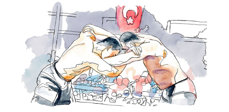 A vibrant watercolor and ink illustration of men wrestling in Turkey, perfect for an Olive Oil Times editorial video. Showcase the cultural significance of olive oil production, promoting health and wellness.