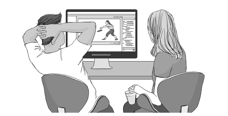 A storyboard illustration for Liberty Mutual, featuring two people navigating their new online platform. This visual highlights the user-friendly design and benefits of the app development, showcasing the company's commitment to innovation.