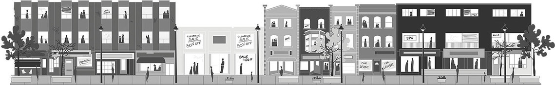 Black and white vector illustration of Yonge Street in the 1980s, showcasing buildings and businesses. Used for presentations, marketing, and advertising.