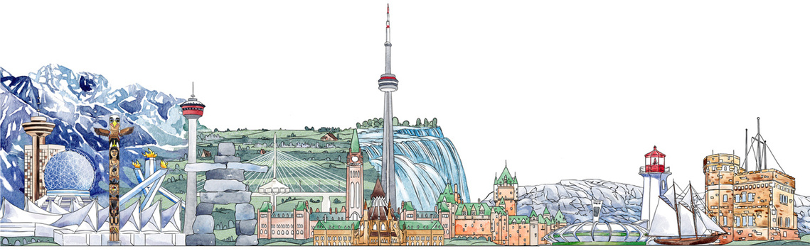 Watercolor and ink illustration of Canadian landmarks and landscapes, used as a banner for Forvest Bank.