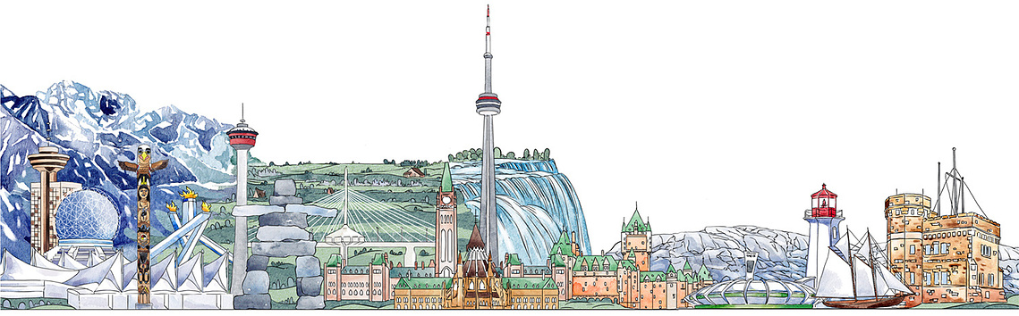 Watercolor and ink illustration of Canadian landmarks and landscapes, used as a banner for Forvest Bank.