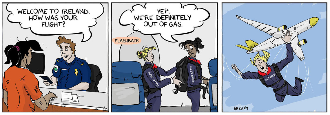 Globetrotter comic: Chloe arrives in Ireland, questioned at customs. A flashback reveals the flight crew jumping from the plane due to engine failure. Ainsley Ashby's comedic storytelling continues.
