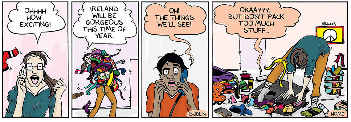 Globetrotter comic #153: Chloe calls Brooke from Ireland, asking her to bring clothes. A humorous moment in Ainsley Ashby's series.