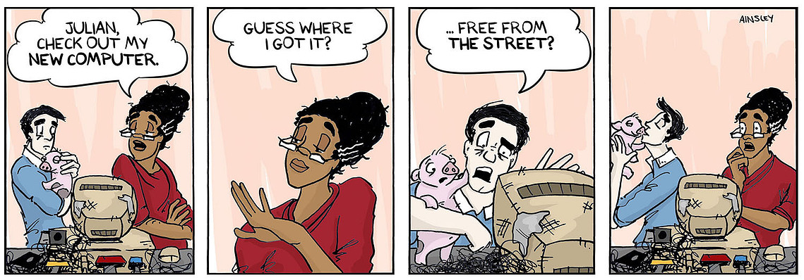  Globetrotter comic #164: Chloe's mom brags about her new computer, but Julian and Mr. Wiggles humorously question its origin. A funny moment by Ainsley Ashby.