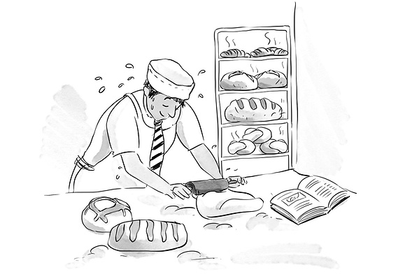 A humorous black and white New Yorker-style illustration, perfect for editorial and chapter illustrations. The ink wash adds depth and texture, capturing the city's unique character and wit.