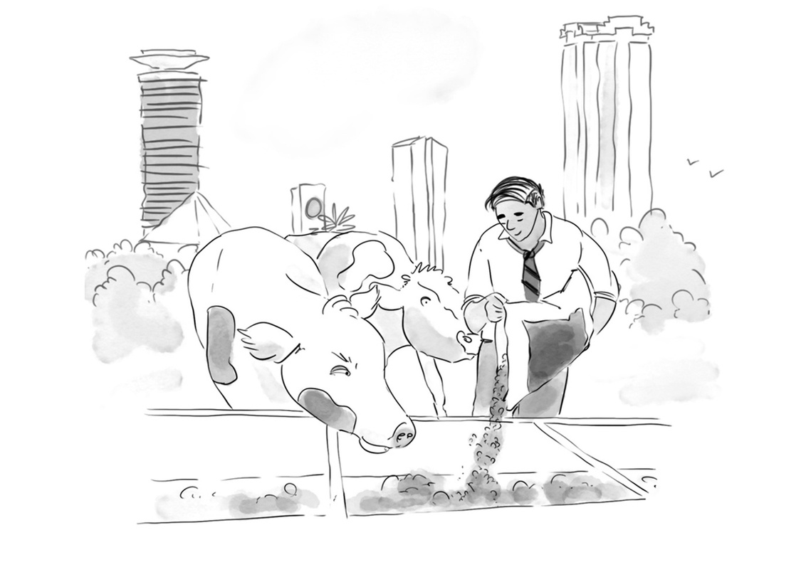A black and white illustration of a man feeding cows, perfect for book or novel chapter illustrations. The loose ink and light wash create a rustic atmosphere, ideal for traditional digital publishing.